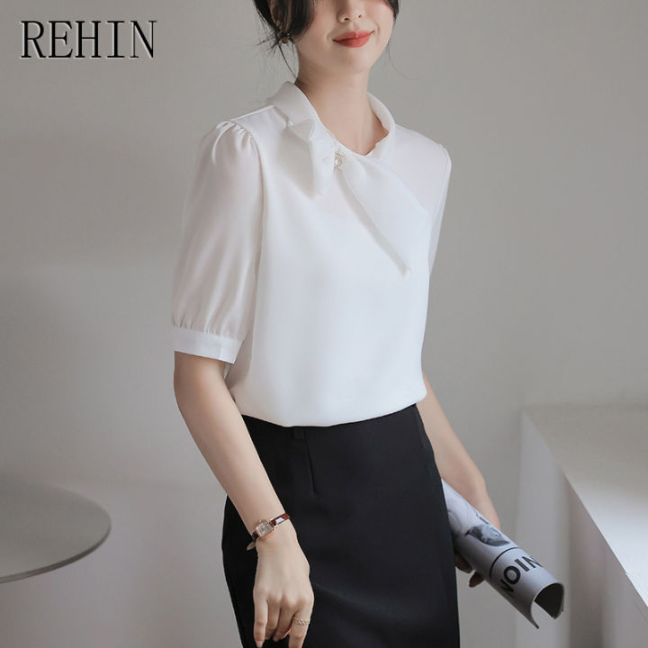 rehin-เสื้อผู้หญิงแขนสั้นหลวมสไตล์นางฟ้าฝรั่งเศสอินเทรนด์2023ฤดูร้อนใหม่เสื้ออเนกประสงค์มีโบว์ผีเสื้อ