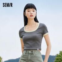 Semir เสื้อยืดแขนสั้นสำหรับผู้หญิง2023สั้นและเซ็กซี่ใหม่ฤดูร้อนสีตัดกันแน่นเสื้อทีเชิ้ตถักเข้ากับทุกชุด