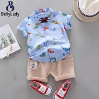 2pcs/set Boys Cute Cartoon Dinosaur Printing Stand Collar Short Sleeve Shirt Shorts Two Piece Set【fast】