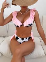 Sexy Pink Cow Print Bikini Women Ruffle Push Up Tie Side Thong Swimsuit 2023 Summer Cut Out Padded Bathing Suit Micro Swimwear