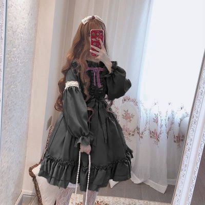 Alice In Wondeland Cute Womens Lolita OP Dress Flouncing Lace Trim Japanese Harajuku Long Sleeves Doll Dress Fairy Vestidos