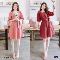 P8163 	เดรสแขนตุ๊กตาคอเหลี่ยม + สายผูกเอว  Square neck doll sleeve dress + waist tie