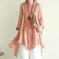 Retro Embroidered Short Front and Long Back Cotton and Linen Shirt Womens Spring and Autumn Mid-Length Artistic Embroidery Shirt Loose Sunscreen Clothes V729