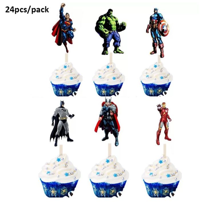 cw-24pcs-superhero-theme-birthday-decorations-toppers-baby-shower-cakecup-supplies