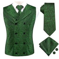 Hi-Tie Green Solid Floral Paisley Silk Men Slim Waistcoat Necktie Set For Suit Dress Wedding 4PC Vest Necktie Hanky Cufflink Set