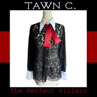 TAWN C. The Perfect Villain Collection - Black Lace Tuxedo Blouse with Red Bowtie เสื้อเชิ๊ตสตรีลูกไม้สไตล์ทักสิโด้พร้อมหูกรัต่ายไหมสีแดง