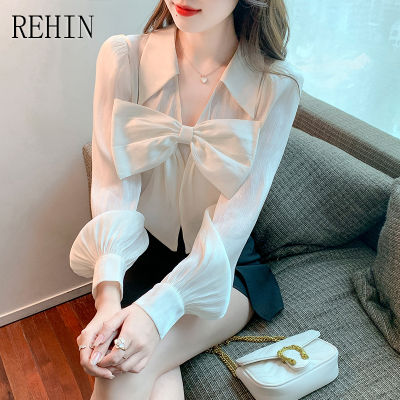 REHIN เสื้อคอวีติดโบว์ฝรั่งเศสสำหรับผู้หญิง,เสื้อแขนยาวผ้าชีฟองคอวีแฟชั่นใหม่ฤดูใบไม้ผลิ