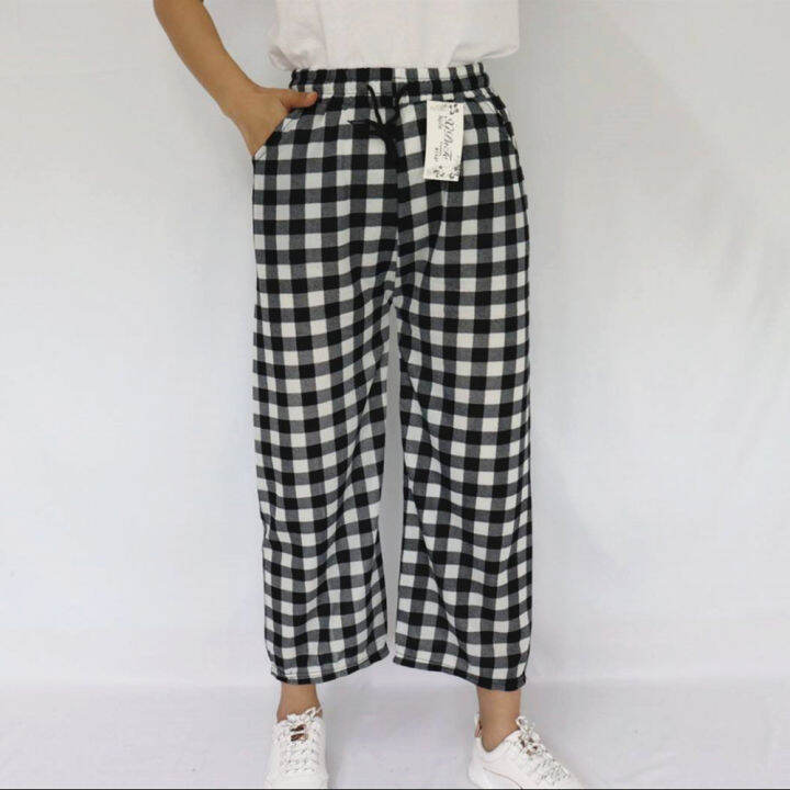 ส่งไว-กางเกงขายาวสก็อตสีสวย-plaid-pants-ทรงขาตรง-เป็นเอวยางยืดมีเชือกผูกรูดปรับขนาดเอวได้-ผ้าหนังไก่-9113-มีกระเป๋า2ข้าง