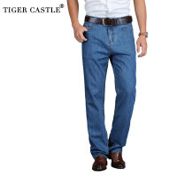 TIGER CASTLE 100 ผ้าฝ้ายฤดูร้อนผู้ชายคลาสสิกสีฟ้ากางเกงยีนส์ตรงยาว Denim กางเกงชายวัยกลางคนคุณภาพน้ำหนักเบากางเกงยีนส์