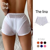 ♂✿ 2022 European and American AliExpress new sexy solid color four-corner transparent mesh drawstring beach swim trunks bikini shorts