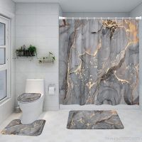 【YD】 Gray Crackle Marble Shower Curtain Set Texture Fabric and Non-Slip