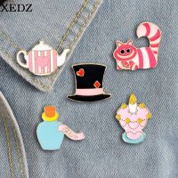 ♦ XZDE Cute Cat Enamel Pin Teapot Hat Alice in Wonderland Brooch Cartoon Clothes Backpack Hat badge kids Jewelry Gift Accessories