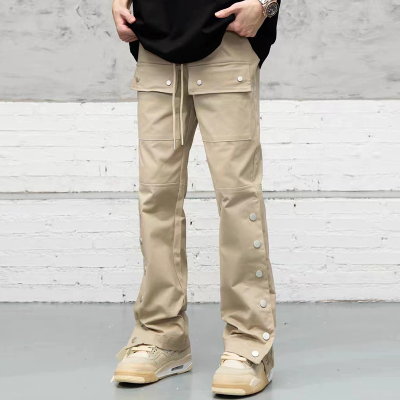 Sisi Buku Lali Butang Poket Tali Cerut Kargo Seluar Lelaki Lurus Satu Warna Streetwear Baggy Kasual Pakaian Y2K Uniseks Seluar