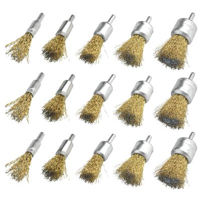 15 Pack Wire Wheel Cup Brush Set with 1/4 Inch Round , 5 Sizes Brass Coated Wire for Paint Removal Project/Corrosion/Rust