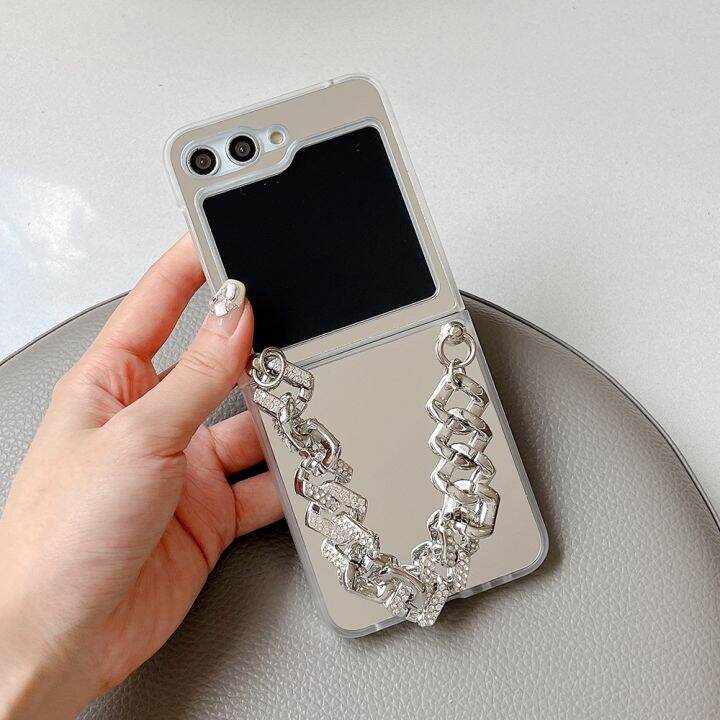 shine-electron-เคสโทรศัพท์สร้อยข้อมือไข่มุกแฟชั่นเงินเพชรเทียมสำหรับ-samsung-galaxy-z-z-flip-5-4-3ฝาพับกระจกแต่งหน้าแบบแข็ง