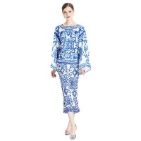 Womens  New Two-Piece Set Spring and Autumn Round Neck Large Bay Sleeve Loose Top Twill Bell-Bottom Pants Blue and White Porcelain Printed Two-Piece Set