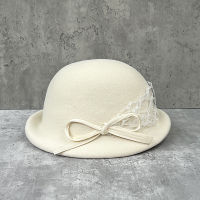 ? Elegant Mesh Bow Top Hat Womens Autumn And Winter French Retro Short Brim Bucket Hat Fashion British Wool Beret