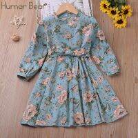 ZZOOI Humor Bear  Girls Long Sleeves Dress  2023 Spring Autumn Flower Printed Princess Party Dress Toddler Children Clothes For 2-6 Y