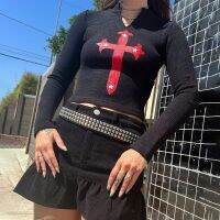 Gothic Cross Graphic Casual ผู้หญิงเสื้อยืด Y2k Punk แขนยาว Skinny V คอ Crop Tops Grunge แฟชั่น Streetwear 2022