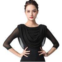 Womens Latin Dance Clothes Mid-Sleeve Mesh Modern Ballroom Dance Crew Neck Exercise Top Ladys Professional Stage Show Shirts