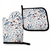 Blue Branches And Leaves Oven Mitt and Pot holder Set Heat Resistant Non Slip Kitchen Gloves with Inner Cotton Layer for Cooking