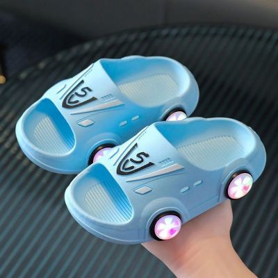【Hot Sale】 Childrens slippers summer new boys cool cartoon sports car with lights at home and outside soft bottom non-slip childrens sandals