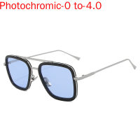 0 To -4 Half Frame Photochromism Myopia Glasses Men Metal Square Sun Discoloration Short-sighted blue lens Eyeglasses Women NX