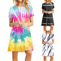 2023แฟชั่น Tie-DYE พิมพ์หลวมมินิเดรสผู้หญิงแขนสั้น Oversize ฤดูร้อนชุดลำลอง streetwear sundress La vestido