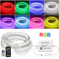 ?รับประกัน 1 ปี?ไฟLED Strip RGB SMD 5050 เทปโทรศัพท์ APP และรีโมทคอนโทรลกันน้ำที่มีความยืดหยุ่นไฟกลางแจ้งตกแต่งห้องโคมไฟ 220V SMD 5050 10/15/20/30M