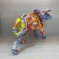 Graffiti Painting Resin Bull Figurines Home Living Room Bedroom Office Desktop Feng Shui Ornaments Collection Statues