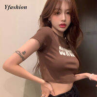 Yfashion เสื้อยืด Lengan Pendek Musim Panas ผู้หญิงขาตั้งกล้องมีในสต็อกเสื้อพิมพ์ลายจดหมายย้อนยุคเซ็กซี่สลิมฟิตเสื้อครอปเอวสูง