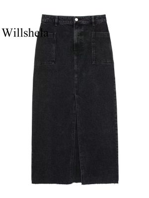 Willshela แฟชั่นสำหรับผู้หญิงยาวมีกระเป๋าผ้ายีนส์สีดำมีซิปด้านหน้ากระโปรงแม็กซี่ผ้าชิฟฟอนกระโปรงมิดีผู้หญิงชิค