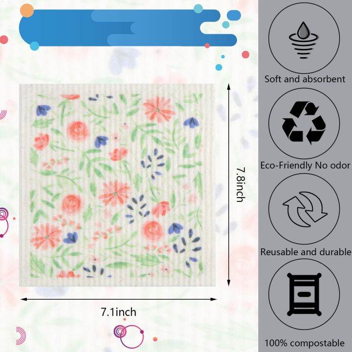 6ชิ้นผ้าเช็ดจานแบบชาวสวีเดนนำกลับมาใช้ได้สำหรับงานงานครัวเยื่อไม้ชุดทำความสะอาดผ้าล้างจานบ้านดอกไม้ป่าผ้าขนหนูผ้าเช็ดจาน