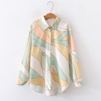 ♨ European and American style womens new flower print loose lapel long-sleeved fashion shirt