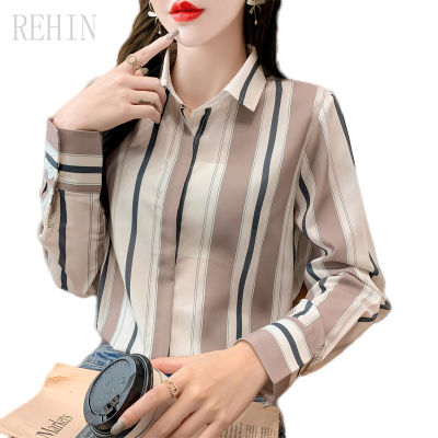 REHIN เสื้อเชิ้ตแขนยาวลายทางแนวตั้งสำหรับผู้หญิง,เสื้อทำงานสำหรับผู้หญิงใส่ทำงานเสื้อสตรีแบบย้อนยุคเสื้อเวอร์ชันเกาหลีใหม่