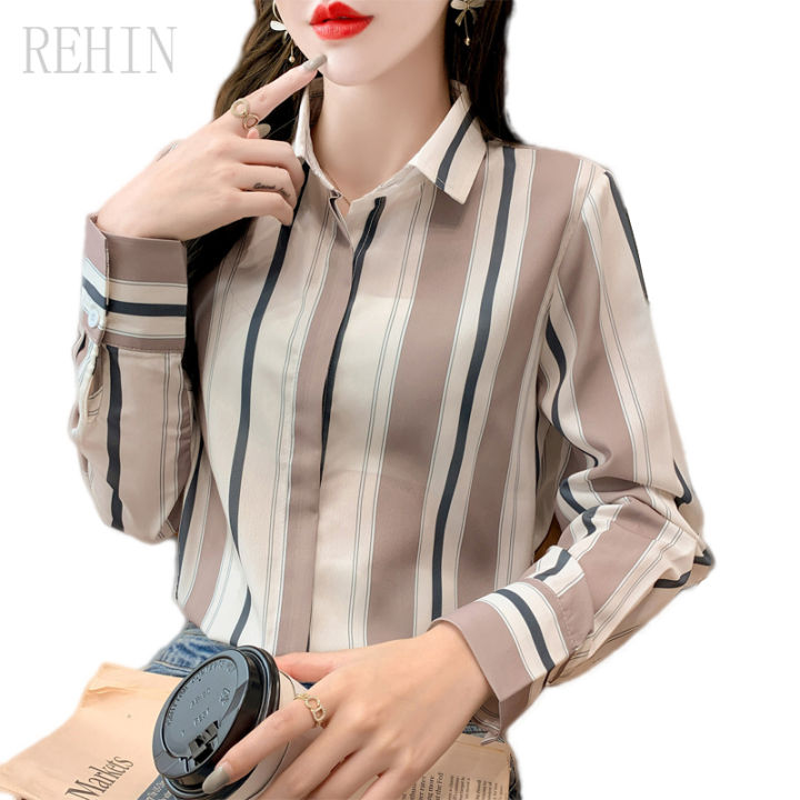 rehin-เสื้อเชิ้ตแขนยาวลายทางแนวตั้งสำหรับผู้หญิง-เสื้อทำงานสำหรับผู้หญิงใส่ทำงานเสื้อสตรีแบบย้อนยุคเสื้อเวอร์ชันเกาหลีใหม่