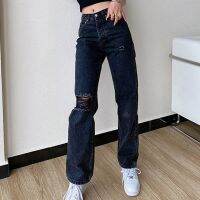 Hot sell Black Jeans Womens Summer Loose Ripped Mid-waist Denim Wide-leg Pants Fashion Casual Retro Street 2023 Ladies Trousers