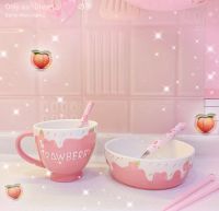 1Pc Kawaii Pink Strawberry Pattern relief non-slip rice bowls soup bowls tableware restaurant dessert bowl