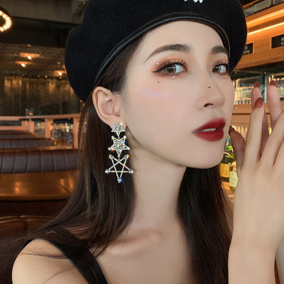 ต่างหูเพชรรูปดาวห้าแฉกแบบยุโรปและอเมริกาต่างหูไฮเอนด์ทรงยาวสไตล์เกาหลีEuropean and American exaggerated full diamond five-pointed star earrings Korean style long high-end earrings