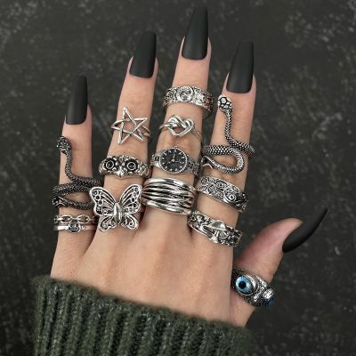 Retro Silver Color Butterfly Snake Frog Ring For Men Women Punk Personality Geometric Antique Fashion Opening Adjustable Rings