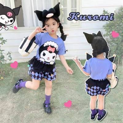 Hqy2 Sanrio Kuromi ชุดเสื้อยืดแขนสั้น กางเกงขาสั้น ลายสก๊อต ดอกไม้ สองชิ้น สําหรับเด็กผู้หญิง MY2