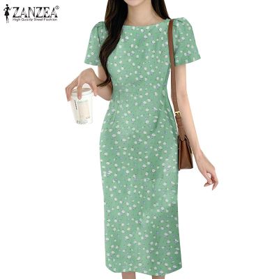 ZANZEA Women Korean Daily Short Sleeve With Back Zipper Slim Split Hem Floral Printed Dress