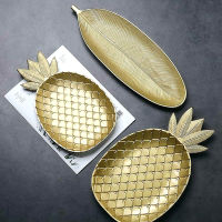 Wooden Pineapple Leaf Shape Tray Golden Jewelry Storage Plate Snack Fruit Bowl Home Decor Ornament