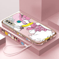 เคสใส่โทรศัพท์สำหรับ Vivo Z5X Vivo X60 X60 Pro X70 5G X70 Pro 5G ฟรีสายคล้อง + ขอบสี่เหลี่ยมเป็ดลายดอกเดซี่ชุบเคสโทรศัพท์เคสโทรศัพท์เนื้อนิ่มสุดหรู