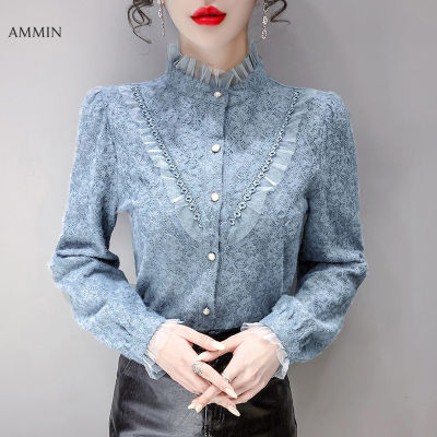 AMMIN  spring new womens shirt fashion foreign style mesh stitching lantern sleeve top long sleeve lace blouse top