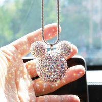 Rhinestone Crystal Ball Car Pendant Cute Cartoon Animal Bling Car Mirror Hanging Accessories Girls Women Car Interior Decoration