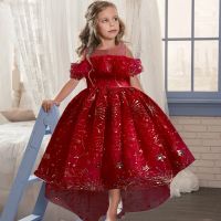 【CW】 New girls  39; Sequin tailed wedding dress 3-12t baby mesh embroidery bead sequin flower fluffy