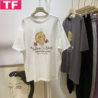 Pure Cotton Bag Collar Cartoon Girl Printed Short-Sleeved T-shirt Female 2023 Summer New Loose Mid-Length Casual Top