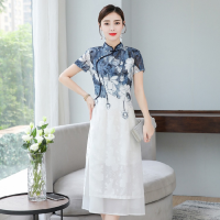 【Available】2022ใหม่แบบดั้งเดิม Cheongsam สีฟ้าและสีขาวหมึกพิมพ์ผู้หญิงชุดปาร์ตี้ Retro สไตล์จีนปรับปรุง Cheongsam Qipao