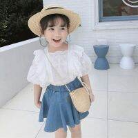 COD DSFERTEREERRE Summer Children Girls Ruffle Round Collar Tops Jeans Skirt